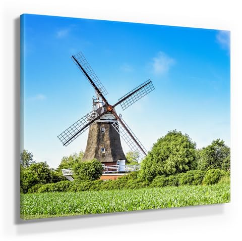 BilderKing Atemberaubendes Nordsee Leinwand-Bild 50x50cm, Motiv Windmühle auf Föhr. Ein einzigartiges Wandbild als Deko für Wohnzimmer, Schlafzimmer, Küche. Aufgespannt auf Holzrahmen