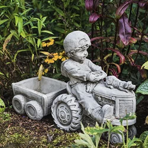 DGS STATUES – Stone Cast Little Boy Driving Tractor Flower Pot/Planter Hand Finished Statue