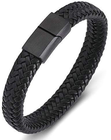 Daesar Lederarmband Geflochten Schwarz Freundschaftsarmband Magnet, Armband Leder Jungen Herren 20CM