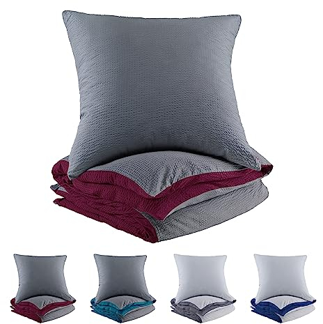 BaSaTex Microfibre Seersucker Bed Linen and Pillowcase Plain Reversible Duvet Cover for Duvet and Pillows 135 x 200 cm + 80 x 80 cm 100% Microfibre Polyester Bordeaux Red - Grey Anthracite