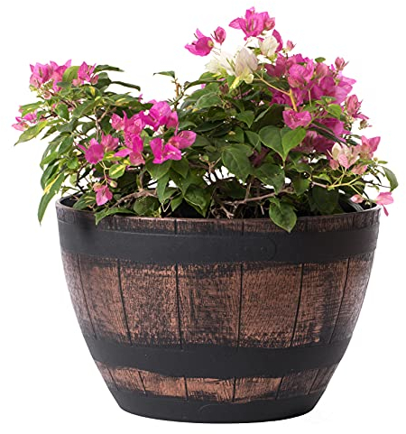 Gardenised Pflanzschale für den Außenbereich, rustikal, halbes Fass, Blume, Garten, Kunststoff, groß, Braun
