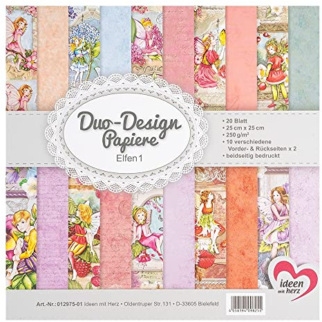 Ideen mit Herz Duo-Design-Papiere | Block mit 20 Blatt Bastelpapier | 25 x 25 cm | 250g/m² | beidseitig bedruckt | Designpapier, Motivpapier | ideal für Scrapbooking, Basteln (Elfen 01)