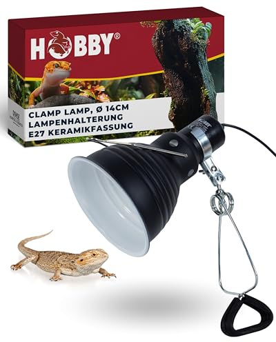 Hobby Clamp Lamp Terrarium Leuchte 14 cm I Hitzebeständige Keramikfassung E27 für Wärme-, Licht- & UV-Lampen I Mit Reflektorschirm, Klammer & Schalter I Sichere, Flexible Terrarium Beleuchtung