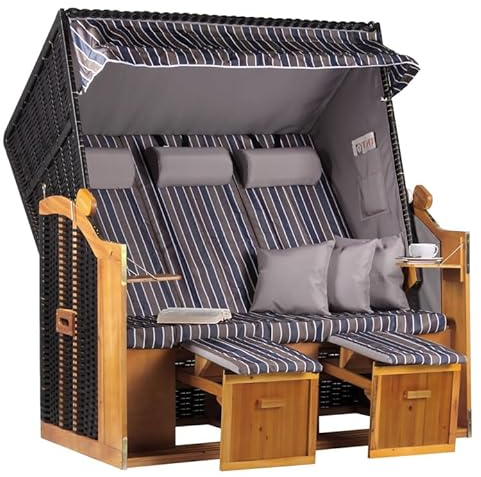 MR. DEKO® Strandkorb Ostsee XXL | Volllieger Strandstuhl Liegestuhl | Dreisitzer PE Geflecht Schwarz inkl. 6 Kissen | Strandkörbe aus Hartholz, Garten, Wintergarten und Terrasse