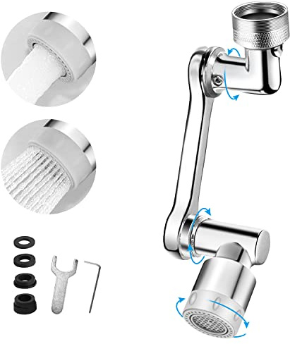 XINMENG 1440° Swivel Faucet Aerator Tap Extender with 2 Spray Mode Silver | Robotic Arm Splash Proof Water Saving Extension for Kitchen Sink, Splashproof Adapter, Solid Brass Universal Fit for Bathroom