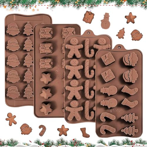 JOKILY 4 stycken julchokladformar silikon, silikonform jul, silikon chokladform, livsmedelskvalitet bakformar, återanvändbar silikonform för sötsaker gelé pudding