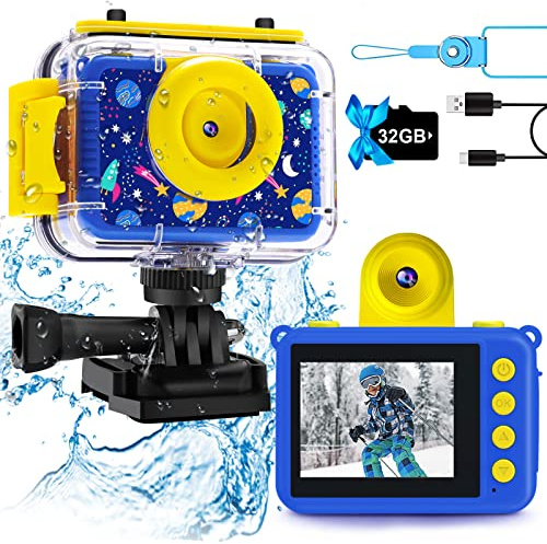 Pool Toy & Kids Underwater Camera 99FT Waterproof Kid Action Camera 1080P Video&20MP Photo with Flip Lens, Includes 32GB Card for Diving Swimming Beach Snorkeling.Birthday Gift for Boys - GKTZ