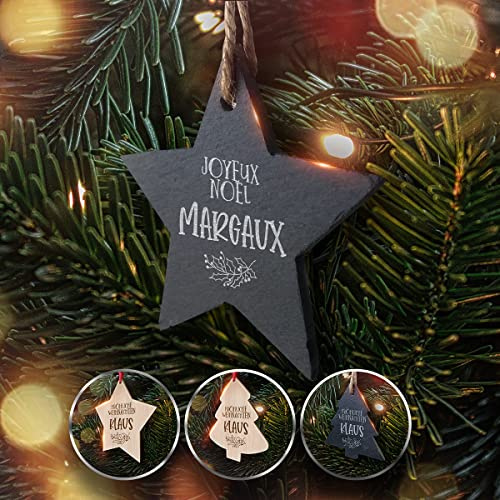 Weihnachtsbaum-Dekoration in Sternform – Christbaumschmuck-Ornament aus Schiefer – Mit Gravur ‚Frohe Weihnachten‘ und Name personalisierbar (Stern Schiefer)