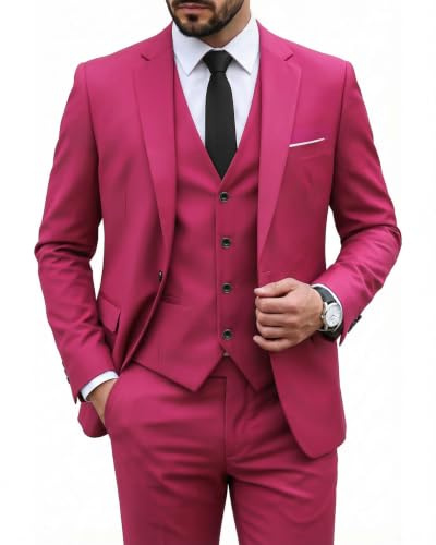 Hihawk - Conjunto de traje de 3 piezas para hombre, con corbata, un botón, ajuste delgado, color sólido, chaqueta, chaleco y pantalones, trajes para boda, fiesta y negocios, Fucsia, XXX-Large