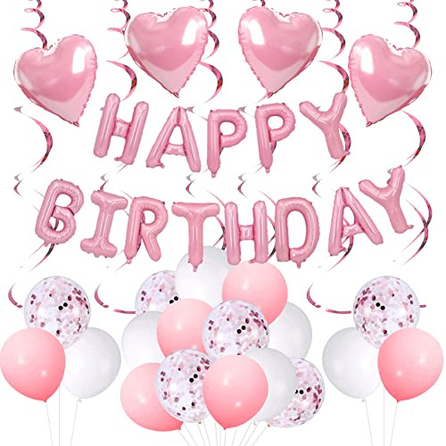 Rosa Geburtstagsdekorationen für Frauen Mädchen, Happy Birthday Ballon Banner Dekoration, Rosa Partydekorationen für 1. 13. 16. 21. 30. 40. 50. 60. 70. Geburtstag Partyzubehör