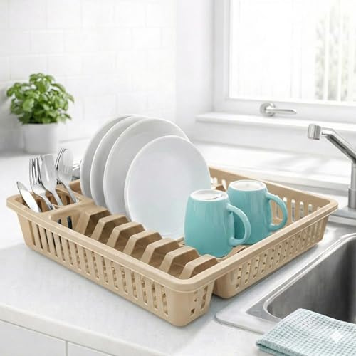 METALLIC TURTLE Small Plastic Dish Drainer Rack with Cutlery Holder Kitchen Sink Draining Board for Plates, Cups, and Utensils Countertop Drying Rack (37.7 x 30 x 7 cm)