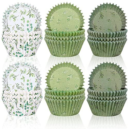 Whaline 600 forros para magdalenas de eucalipto, hojas de olivo, para hornear, color verde salvia, para baby shower, boda, despedida de soltera, decoración de fiesta de cumpleaños