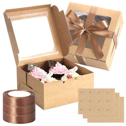 TsunNee Cupcake-Boxen aus Kraftpapier, 4 Löcher, mit Fenster, wiederverwendbare Karton-Kuchenboxen für Cupcakes, Muffins, Leckereien, Einweg-Papier-Bäckerei-Boxen, Geschenkboxen für Zuhause, Bäcker