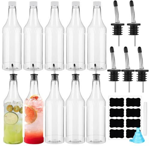 Dandat 20 Pcs 32 oz Plastic Long Neck Bottles with Pourer and Caps Plastic Juice Pour Bottles with Stainless Steel Pourer Tapered Spout for Liquor Juice Store (Sliver)