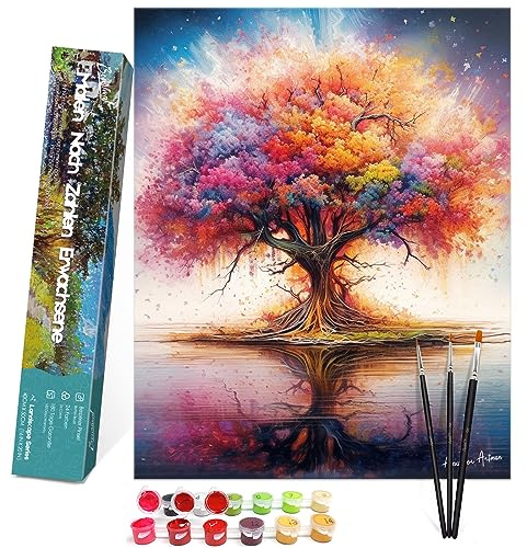 Bougimal Painting By Numbers adultos paisaje sin marco incluyendo pinceles y pinturas acrílicas - 40 x 50 cm, Árboles de colores
