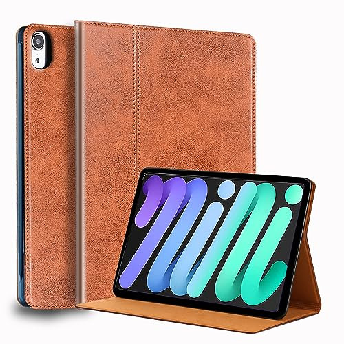 Gexmil Leder Hülle für iPad mini 7 A17 Pro 2024,iPad mini 6. Generation 2021 8,3 Zoll, Leder Cover Stoßfest,Smart Folio Automatischer Schlaf/Aufwachen,Einstellbarer Ständer,rutschfest,Braun