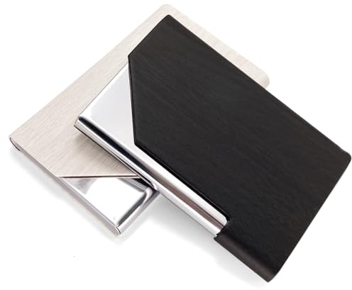 Senbaler 2 Stück Slim Visitenkartenetui Edelstahl,PU-Hülle,Kartenhalter für Damen Herren,Fasst 25 Karten (Weiß + Schwarz)