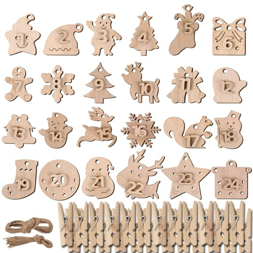 BHGT 1-24 Adventskalender Zahlen Holz mit 24 Stück Holzklammern Juteschnur Holzzahlen Anhänger Weihnachtsdeko DIY Deko für Weihnachtsbaum Adventskalender zum Basteln (Stil A)