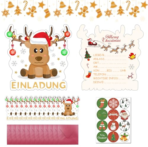 Weihnachtseinladungskarte, Weihnachtskarten mit Umschlägen und Aufkleber, Weihnachtselch-einladungskarten, 12 Einladungskarten +12 Umschläge+12 Umschlagaufkleber, Einladungen zur Weihnachtsfeier