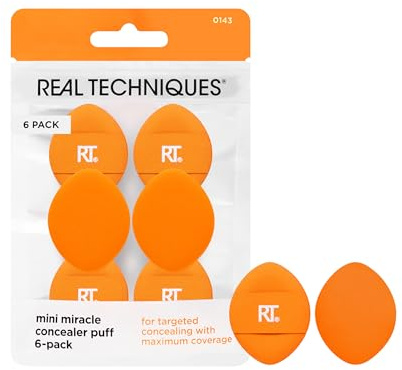 Real Techniques Mini Miracle Concealer Puff, petite bouffée de maquillage pour fond de teint et correcteur liquide et crème, correcteur ciblé sous les yeux et les imperfections,6 unités