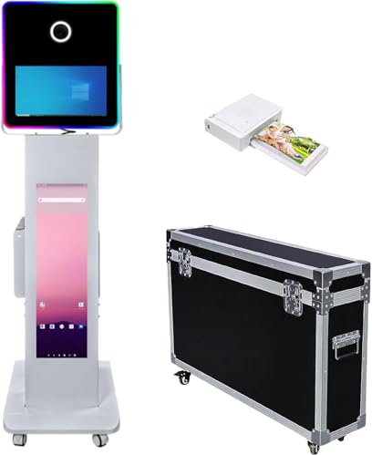 WideMeet 15,6 Zoll DSLR Photo Booth Maschine mit LCD Touchscreen Tragbare Kamera Photobooth Flight Case Verpackung für Hochzeiten Partys Events (Weiße Maschine, Photo Booth + Mini Drucker)