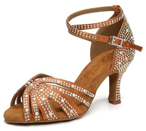 YCALCP Damen Latin Tanzschuhe Bachata mit Strasssteinen Aufführungen Salsa Tango Ballsaal,506-Braun-7.5CM,36.5 EU