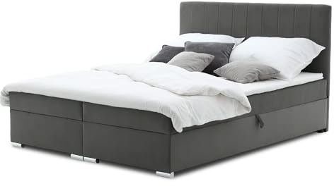 Mebligo Boxspringbett 160x200 mit Bettkasten und Kopfteil, Doppelbett mit Bonell-Matratze und Topper, Polsterbett, Boxspringbett Graphit - ELMA Serie
