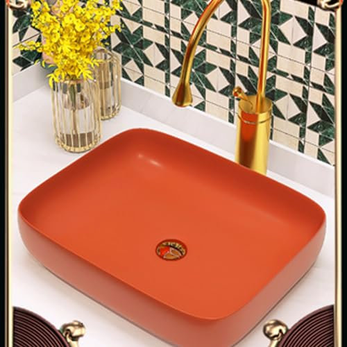 Lavabo da toeletta per Bagno ，mobiletto da toeletta rettangolo rosso Lavandino da bagno ，Lavabo Set con lavatoio Rubinetto Scarico Pop-up，Adatto per hotel, WC, lavandini, bagni(Orange,39*38cm/15.3*15i