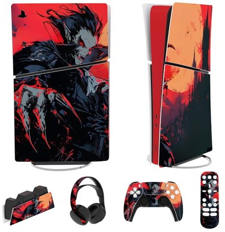 PlayVital Full Set Skin Sticker für ps5 Slim Konsole Digital Edition | Vinyl Aufkleber, Schutzfolie Folie für PS5 Controller, Ladestation, Headset & Medienfernbedienung, Vampir