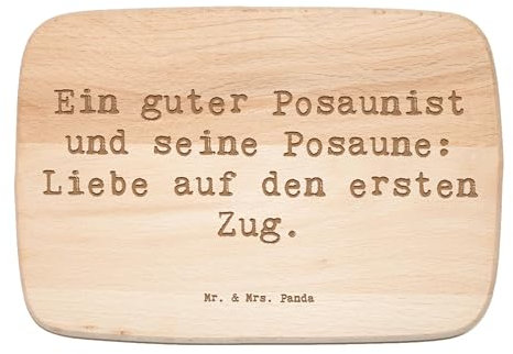Mr. & Mrs. Panda Frühstücksbrett Spruch Posaune Liebe - Geschenk, Musik, Instrument Lernen, Schneidebrett Holz, Design, Blechblasinstrument,