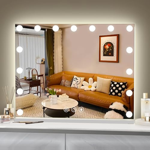 Hansong Hollywood Spiegel mit Beleuchtung, dimmbar, Hintergrundbeleuchtung + Frontbeleuchtung, Make up Spiegel mit Beleuchtung für die Wand, Memory-Funktion, gehärtetes Glas