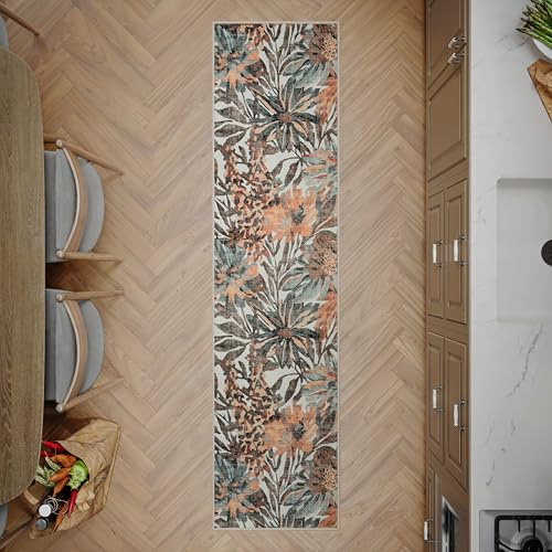 artyrugs Tappeto Lavabile in Lavatrice, 60x240cm, 75% Cotone Riciclato, Pelo Corto, Fondo Antiscivolo, Tappeti per Camera da Letto, Cucina, Corridoio, Ufficio, Corridoio, Pesca & Kaki Scuro