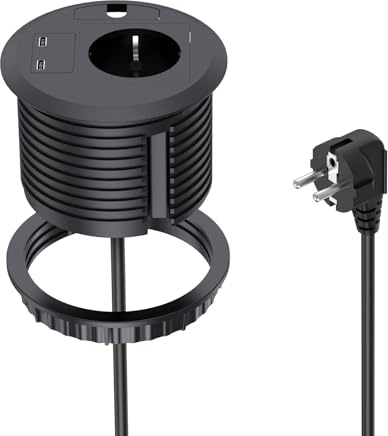 BQO Inbyggt skrivbord med USB, infällbart uttag med 2 USB-C för bänkskiva kök, 2 m kabel Ø 80 mm, svart