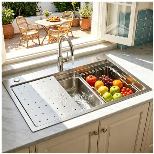HZKSINNK 80x50cm Fregadero Cocina 1 Seno, Grande Acero Inoxidable 50cm de ancho Fregadero sobre Encimera, Cuadrado Fregaderos Un Seno con 3 agujeros, Sifón, Dispensador de Jabón y Juego de Desagüe