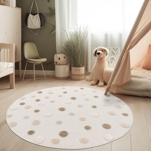 Paco Home Kinderzimmer Moderner Kinderteppich Robuster Spielteppich 3D-Effekt Naturtöne Weiche Schlingenstruktur Pflegeleichtes Punkte-Motiv, Grösse:160 cm Rund, Farbe:Creme (Punkte)