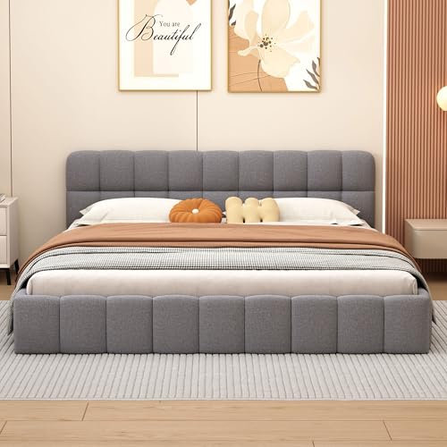 Fofetbfo Polsterbett 140x200, Doppelbett mit Bettkasten, Bubble Bett Jugendbett mit Lattenrost und Gepolstertes Kopfteil, Flachbett Gästebett, Leinen Beige,ohne Matratze (grau, 140x200 cm)