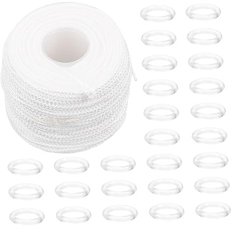 BESTOYARD Roman Curtain Cord Set with 50 Meter White Braided Rope and 100 Plastic Rings for Blinds, Pom Material Roman Shade Repair Parts Suitable for DIY Projects and Home Decoration