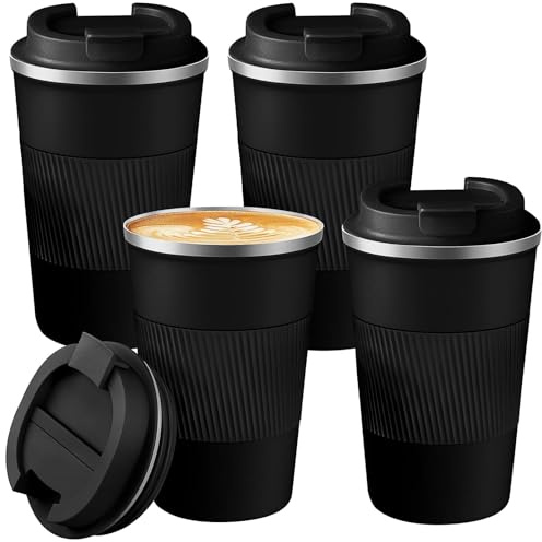 Lot de 4 Tasses de Voyage 380ml, Gobelets Isothermes Réutilisables en Acier Inoxydable, Mug Thermos Double Paroi avec Couvercle Étanche pour Café, Thé ou Boissons Froides