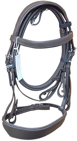 Comfort Padded Leather Horse Bridle Brown Hunter Style with 2 Inch Noseband, Grip Reins, and Stainless Steel Fittings (Pony)