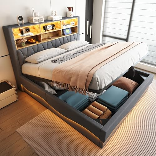 WIZBED Polsterbett 180x200, Hydraulisch Doppelbett mit LED & Bettkasten & stauraum Kopfteil und USB, Funktionsbett Stauraumbett Jugendbett Bettgestell,Leinen,ohne Matratze