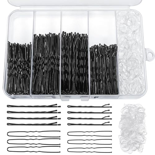 460 Teiliges Haarnadeln und Haargummis Set, 220 Bobby Pins-2 Größen und 240 Haargummis mit Aufbewahrungsbox für Frauen Mädchen Hochzeitsfrisuren (Schwarz)