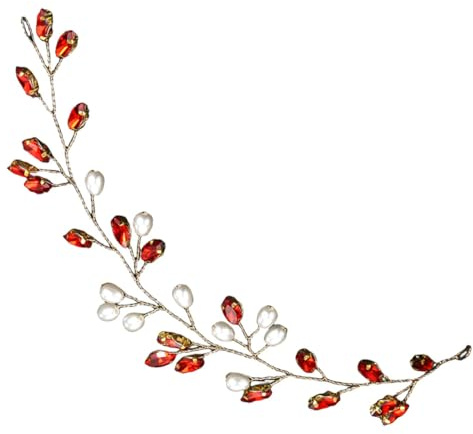 Vigne de Cheveux en Cristaux et Perles Rouge, Métal, pour Mariée | Style Simple et Élégant, Finition Fine, Usage Facile, pour Bal et Banquet