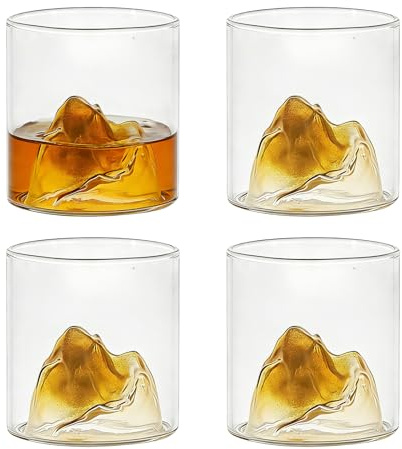 WIYETY 4 bicchieri da whisky, 180 ml, alla moda, set di bicchieri da whisky irregolari, bicchieri da whisky con montagne, belle cime di montagna, eleganti bicchieri per bourbon, rum – trasparente/oro