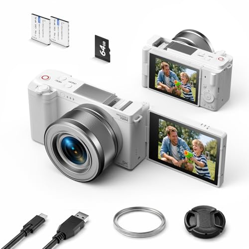 5K Digital Camera for Photography, 6X Optical Zoom Vlogging Camera for YouTube 72MP Autofocus 2.8 270°Flip Screen Compact Travel Cameras with 64GB Card & 2 Batteries for Teens Beginners