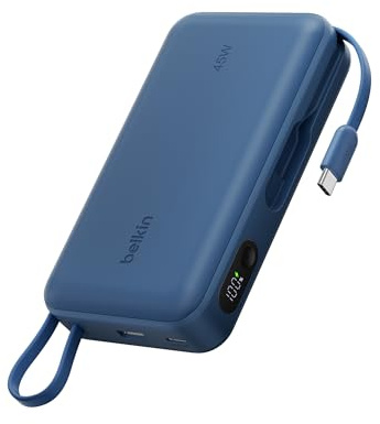 Belkin UltraCharge Batería Externa Carga Rápida 20000mAh 45W PD, Power Bank con Cable USB C Integrado y Pantalla Digital, Batería Portátil para iPhone, iPad, Galaxy, Pixel, MacBook Air y Otros, Azul