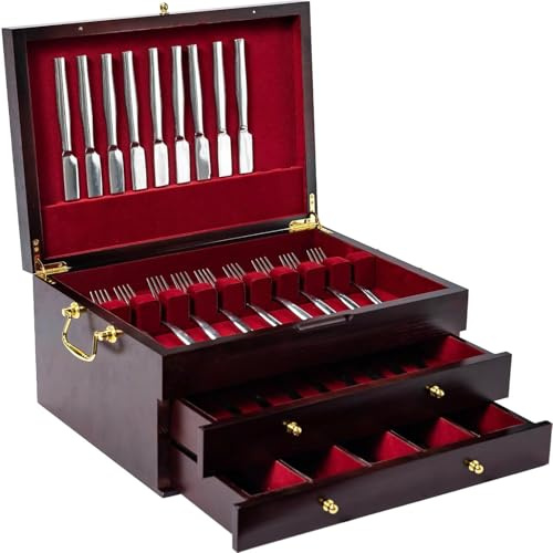Coffret à Couverts en Bois pour Plus De 12 Couverts - Boîte De Rangement à Trois Niveaux avec Doublure en Feutre, élégant Organisateur De Couverts, Idéal pour Votre Brown