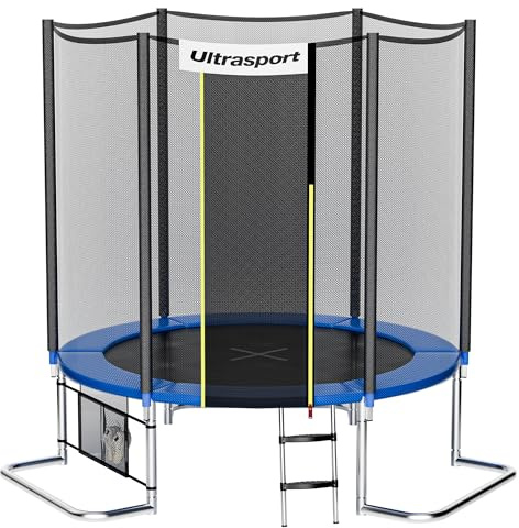 Ultrasport SICHERSTE Trampolin Outdoor Kinder Ø180/244/305/366/430 cm bis 150 KG I Leise Gummiseilfederung I Komplettset mit Sicherheitsnetz (All in) viel Zubehör I Gartentrampolin I Gefahrlos