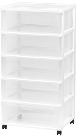 IRIS USA Plastic Drawer Storage Organizer Rolling Cart, with Wheels Casters, 5-Drawers, for Art Craft Supplies Bathroom Dorm Bedroom Laundry Room, Wide, White