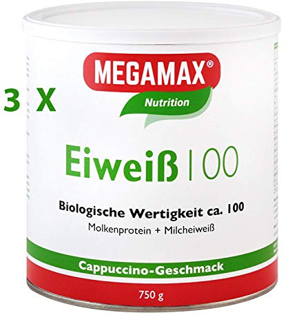 Megamax Eiweiss Cappuccino Spar-Set 3x750 g | Molkenprotein + Milcheiweiß Für Muskelaufbau,Diaet | 2k-Eiweiss ideal zum Backen | hochwertiges Low Carb Shake | aspartamfrei Protein mit Aminosäuren