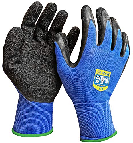 S&R Guanti da Lavoro Uomo Taglia 9 (12 Paia). Guanti Protezione Lavoro in Nylon Resistente e Palmo in Lattice. Guanti di Protezione (L/9) per Lavori Leggeri e e Pesanti.